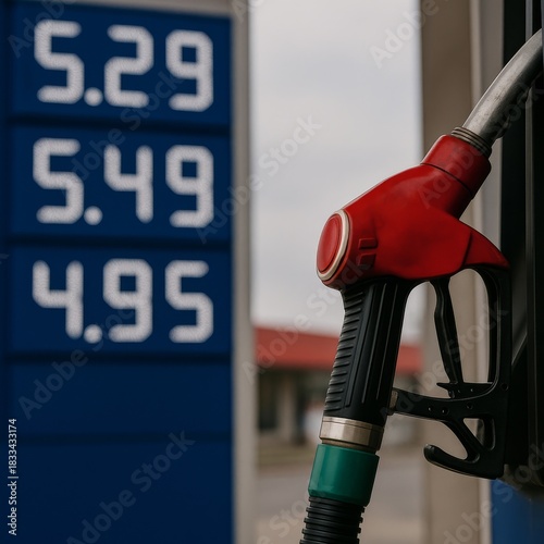 Red fuel nozzle hangs at a roadside pump, with a blue sign in bold. Concept of rising fuel cost and daily travel impact. For news article on fuel price change