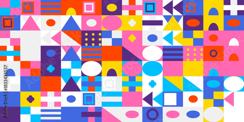 Vibrant geometric abstract pattern with colorful squares, circles, and triangles, creating a dynamic mosaic background for modern designs