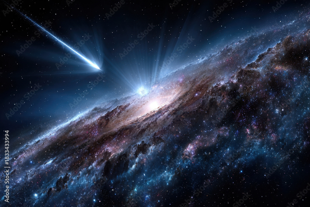 Fototapeta premium Comet streaks across a vibrant spiral galaxy