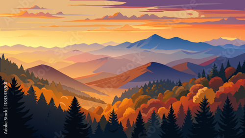 Very beautiful autumn sunrise over the Great Smoky Mountains, featuring glowing ridges, warm seasonal colors, and soft atmospheric layers that create a serene natural panorama.