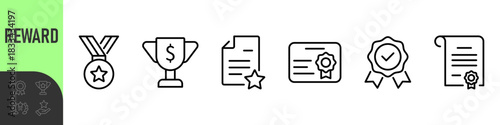 Reward set of web icons in line style. A collection of linear icons representing various reward concepts, including gift, trophy, recognition, reward program, medal, bonus, and more