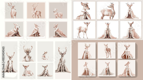 Graceful watercolor deer wearing flowing fabric with soft neutral tones and elegant poses. Ideal for winter themes, nursery decor, fantasy art, holiday prints, and gentle character designs.