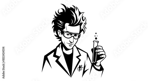 Mad Scientist Holding Test Tube with Bubbles in Black and White.