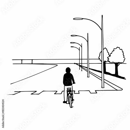 “Silhouette person pushing a bicycle along a quiet street.”