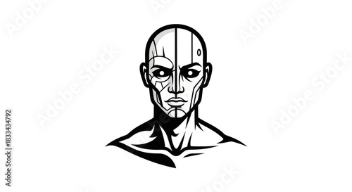 Stylized Robotic Human Head with Intense Gaze and Mechanical Features.