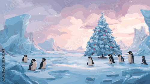 Arctic penguins and Christmas tree Vector Fantasy Illustration
