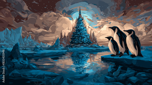 Arctic penguins and Christmas tree Vector Fantasy Illustration
