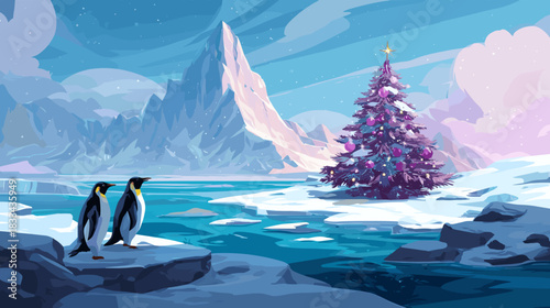 Arctic penguins and Christmas tree Vector Fantasy Illustration
