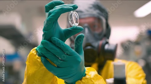 Medium shot of a worker outfitted in a fullface respirator mask to protect from beryllium dust exposure during laboratory procedures.