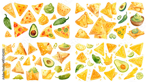 Colorful watercolor illustration of nachos, lime, avocado, salsa, and jalapeno. Perfect for food design, Mexican themes, menu decoration, packaging, and vibrant culinary artwork.