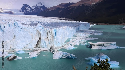 Perito Moreno Glacier in Patagonia showing massive ice wall, turquoise water, frozen textures, rugged wilderness, dramatic landscape, natural environment, climate scenery majestic travel area backdrop