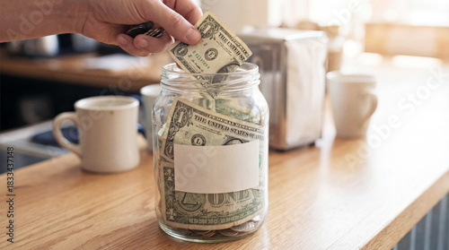 Hand putting dollar bill into glass tip jar on wooden table