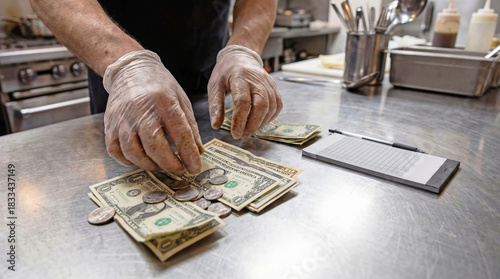 Person counting and organizing US dollar bills on metallic table in indoor setting