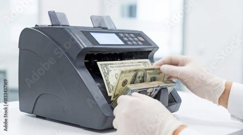 Counting US dollar bills with electronic money counter in office
