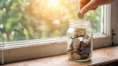Hand putting coin into glass jar filled with money on windowsill