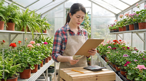 Woman inspecting plants and taking notes inside greenhouse