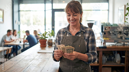 Young woman counting cash while working in a coffee shop interior