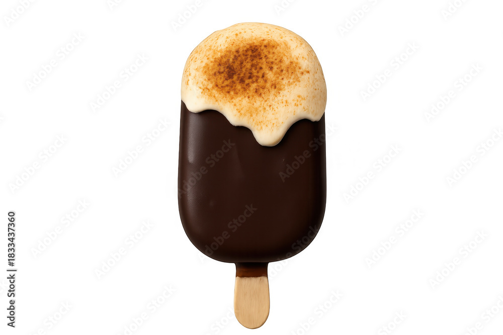 Obraz premium Popsicle featuring dark chocolate coating and creamy vanilla ice cream topped with cinnamon powder, transparent background