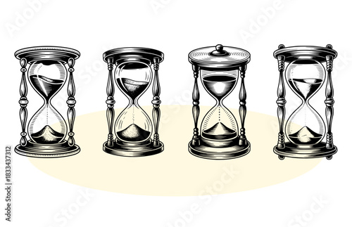 Vintage hourglass clock time set in engraving style vector illustration for deadline measurement or passing of time design