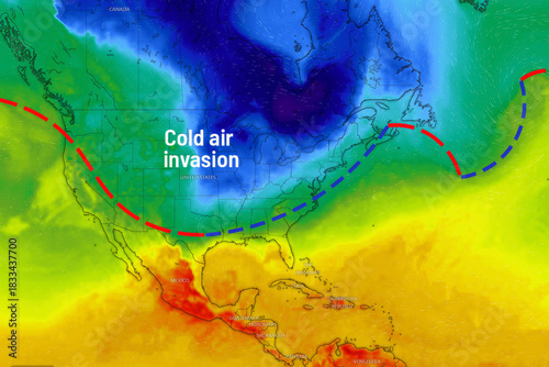 Record low temperature map invasion diagram, against the backdrop of the continent of North America. Frosty cold weather concept