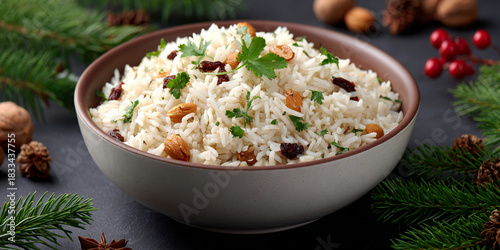 Arroz a grega in dish on the table with christmas decorations