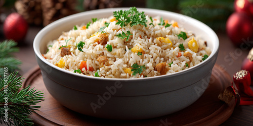 Arroz a grega in dish on the table with christmas decorations