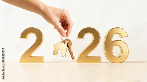 Human hand places a house symbol and keys between the gold numbers 2026 on a light background. Real estate investment concept.
