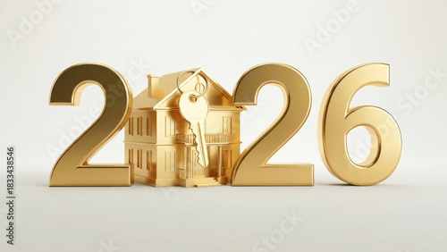 A house and key figurine stands between the gold numbers 2026 on a light background. Real estate investment concept.