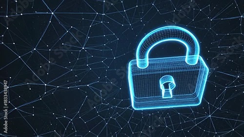 Futuristic concept of digital security, a neon blue padlock symbol highlighted against a network grid, symbolizing online safety and privacy.