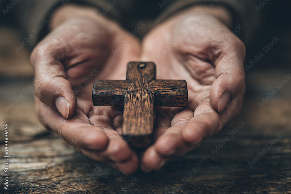 Fototapeta premium Hands gently cupping wooden cross. Symbol of faith devotion reverence. Concept of spirituality prayer hope peace, christianity. Religion, belief, worship, spirituality, gratitude, reflection