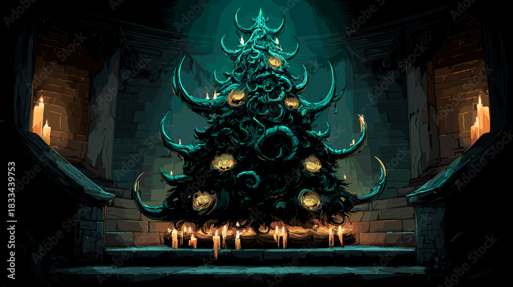 Fototapeta premium Dark Evil Christmas tree Vector Fantasy Illustration