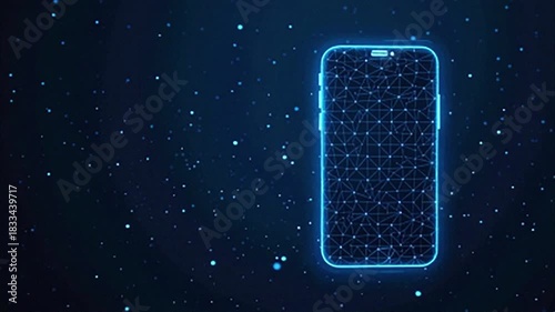 A neon blue, wireframe smartphone icon floats in a dark, star-filled space, showcasing intricate digital network patterns, symbolizing innovation, connectivity and the future.
