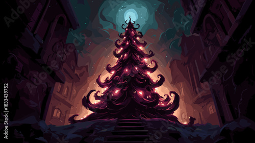 Dark Evil Christmas tree Vector Fantasy Illustration