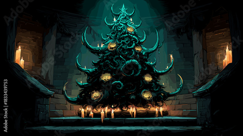 Dark Evil Christmas tree Vector Fantasy Illustration