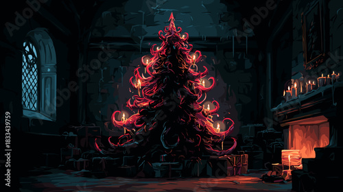 Dark Evil Christmas tree Vector Fantasy Illustration
