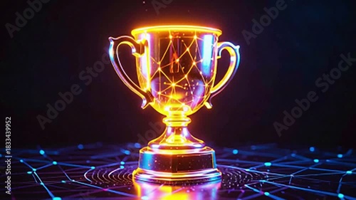 Futuristic holographic trophy with glowing digital network connections, symbolizing success and achievement in technology, on a dark background.