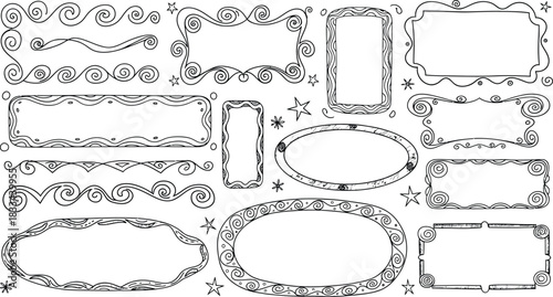 Doodle borders and frames, curly lines, wavy frames, rectangle and oval shapes, vector sketch