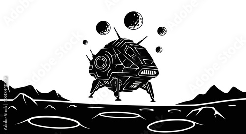 Futuristic Spaceship Landing on Alien Planet Surface with Orbiting Moons.