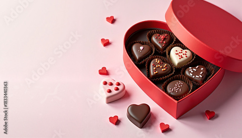 Heart-shaped chocolates in red box on pink background
