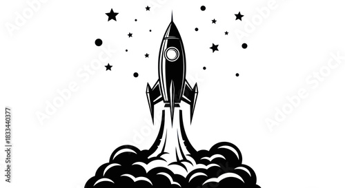 Retro Rocket Launching into Space with Stars and Smoke.