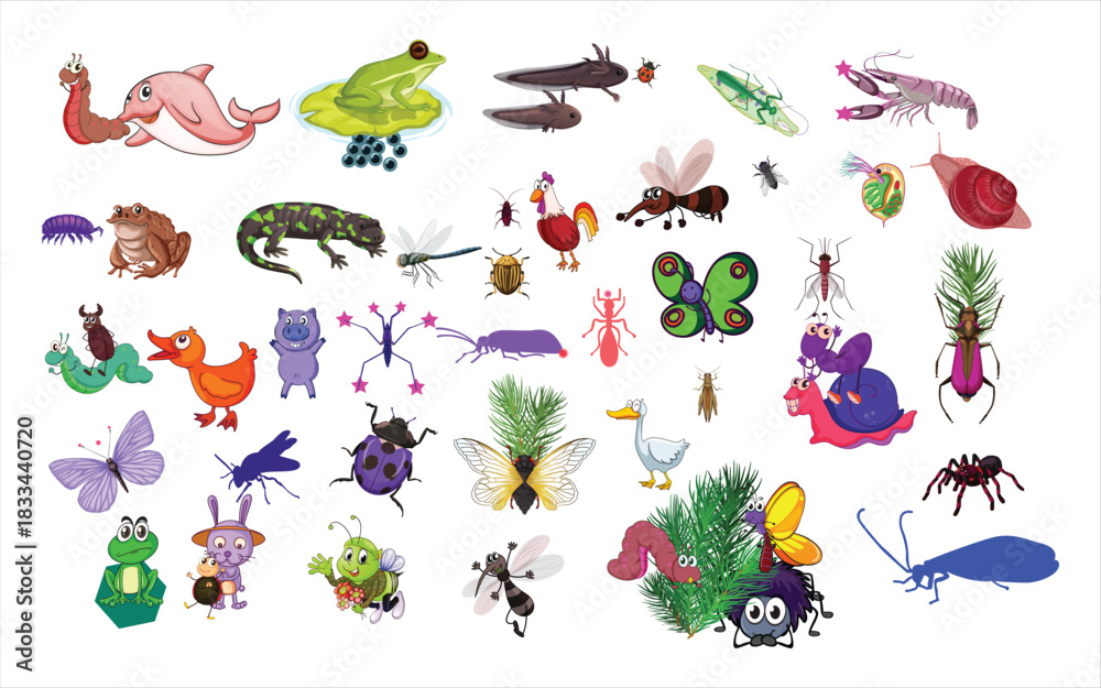 Obraz premium Cute Cartoon Animals and Colorful Insects Illustration Set for Kids and Creative Projects