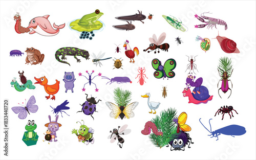 Cute Cartoon Animals and Colorful Insects Illustration Set for Kids and Creative Projects