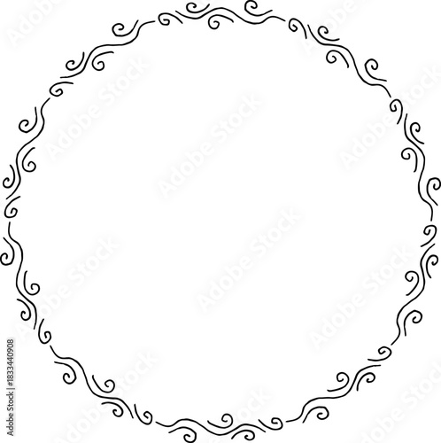 Round frame with hand drawn black decorative elements on white background.eps