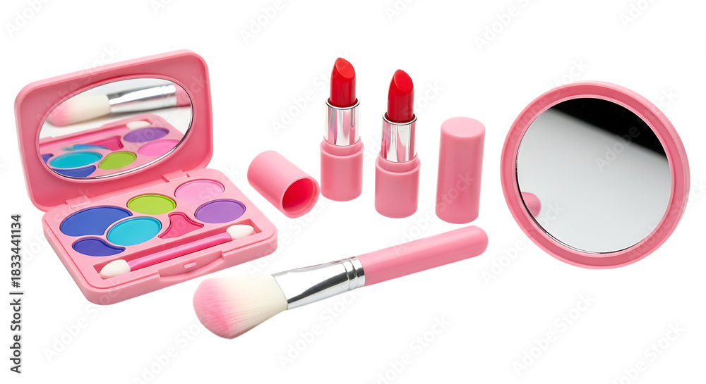 Obraz premium Pink toy makeup set with lipsticks and brush on white background cosmetic beauty