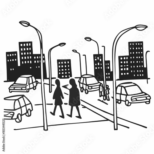 “Urban night scene with silhouettes of people and car profiles.”