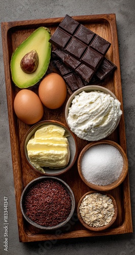 Keto diet ingredients on wood tray, overhead view