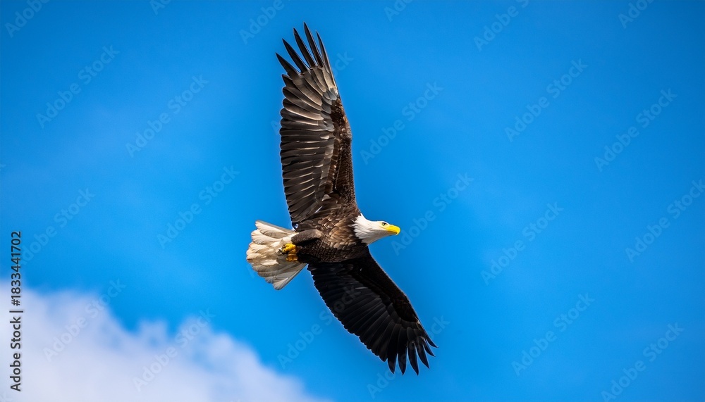 Naklejka premium bald eagle soaring against a vibrant blue sky