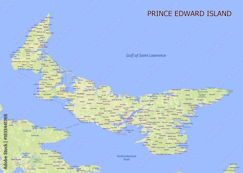 Obraz premium detailed map of Prince Edward Island, Canada. The island is surrounded by the Gulf of Saint Lawrence and the Northumberland Strait. The map includes various towns and geographical features.