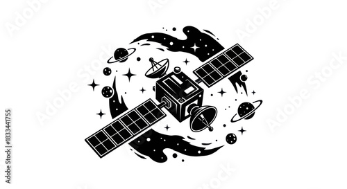 Satellite orbiting Earth in space with planets and stars.