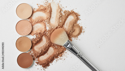 cosmetic background with texture samples of compact and loose powder in different tones. A chic makeup brush. top view. white background	